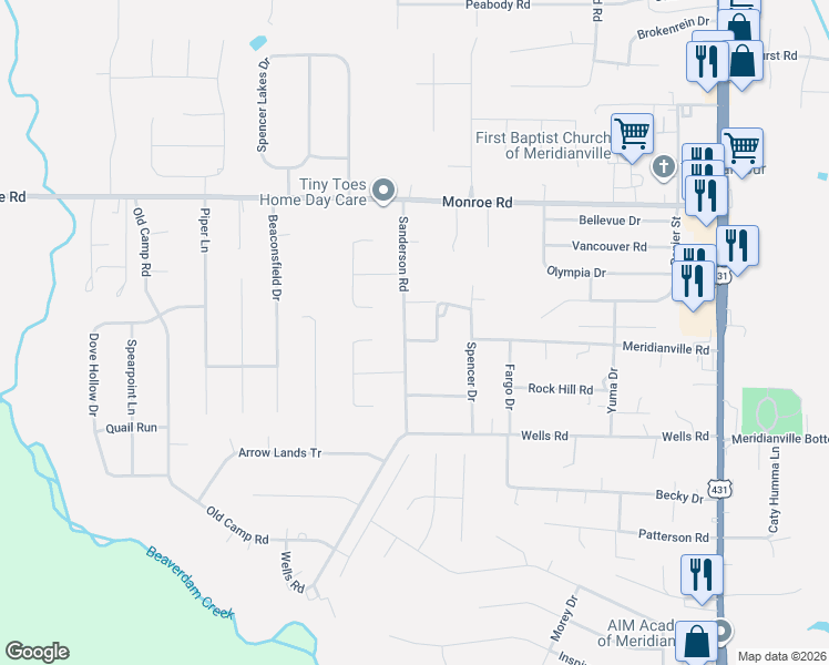 map of restaurants, bars, coffee shops, grocery stores, and more near 171 Sanderson Road in Meridianville