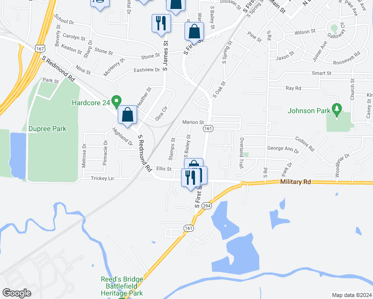 map of restaurants, bars, coffee shops, grocery stores, and more near 1406 South Bailey Boulevard in Jacksonville
