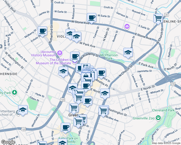 map of restaurants, bars, coffee shops, grocery stores, and more near 7 College Street in Greenville