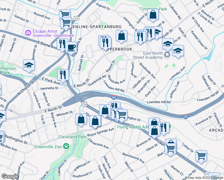 map of restaurants, bars, coffee shops, grocery stores, and more near 90 Hillside Drive in Greenville