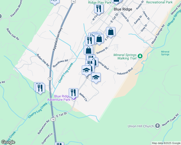 map of restaurants, bars, coffee shops, grocery stores, and more near 2414 East 1st Street in Blue Ridge