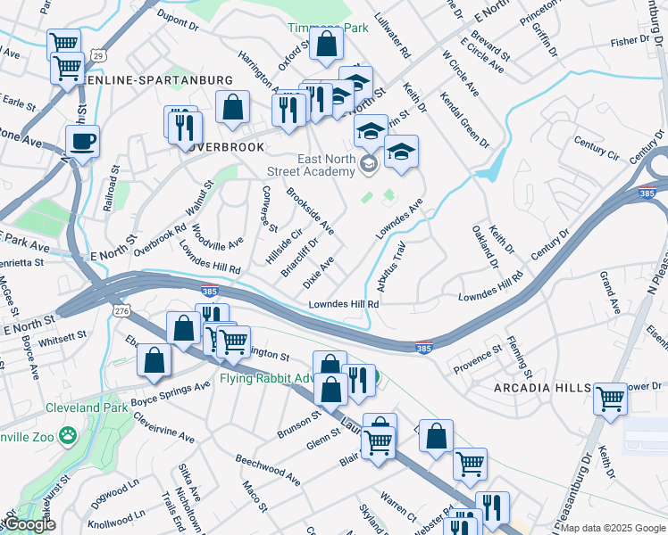 map of restaurants, bars, coffee shops, grocery stores, and more near 4 Elletson Drive in Greenville