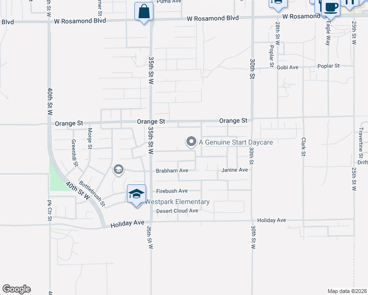 map of restaurants, bars, coffee shops, grocery stores, and more near 3321 Rosegold Avenue in Rosamond