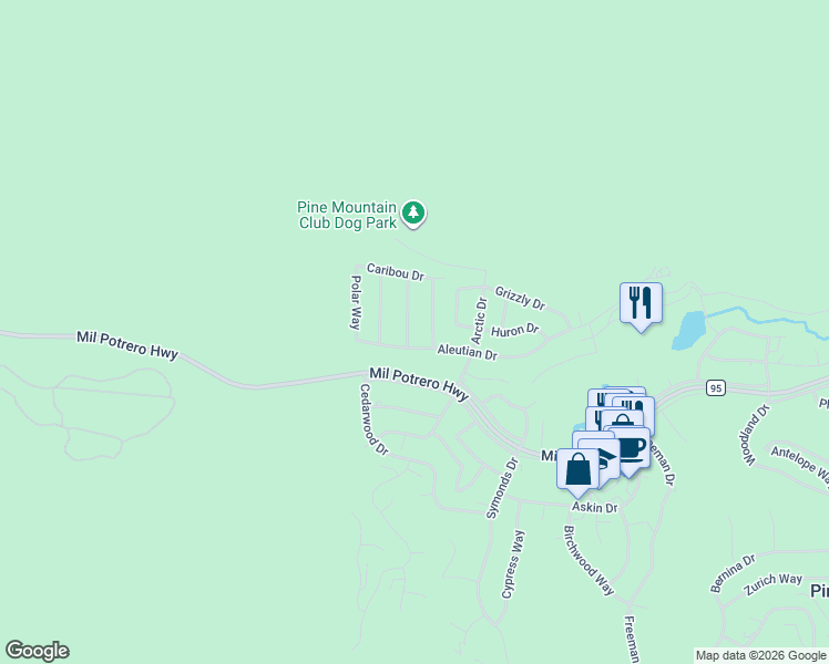 map of restaurants, bars, coffee shops, grocery stores, and more near 2720 Kodiak Way in Frazier Park
