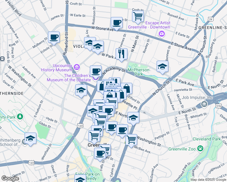 map of restaurants, bars, coffee shops, grocery stores, and more near 407 North Main Street in Greenville