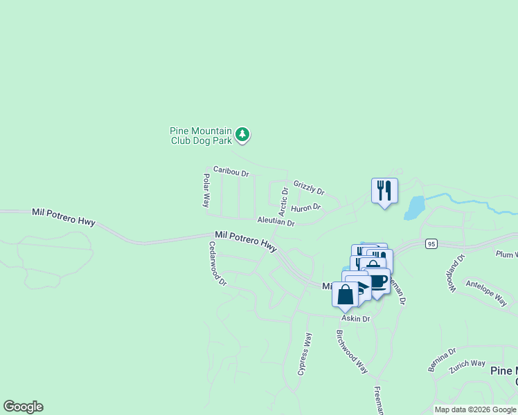 map of restaurants, bars, coffee shops, grocery stores, and more near 2720 Klondike Way in Frazier Park