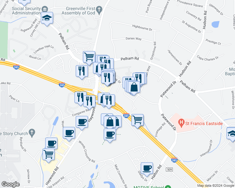 map of restaurants, bars, coffee shops, grocery stores, and more near 6 McPrice Court in Greenville