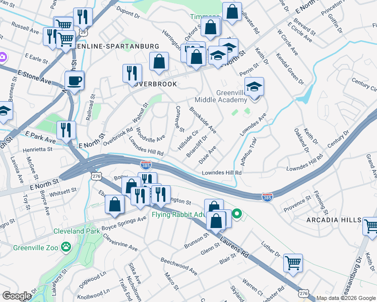 map of restaurants, bars, coffee shops, grocery stores, and more near 21 Hillside Circle in Greenville