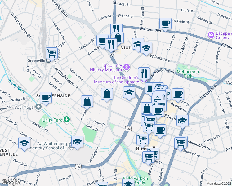 map of restaurants, bars, coffee shops, grocery stores, and more near 224 Butler Avenue in Greenville