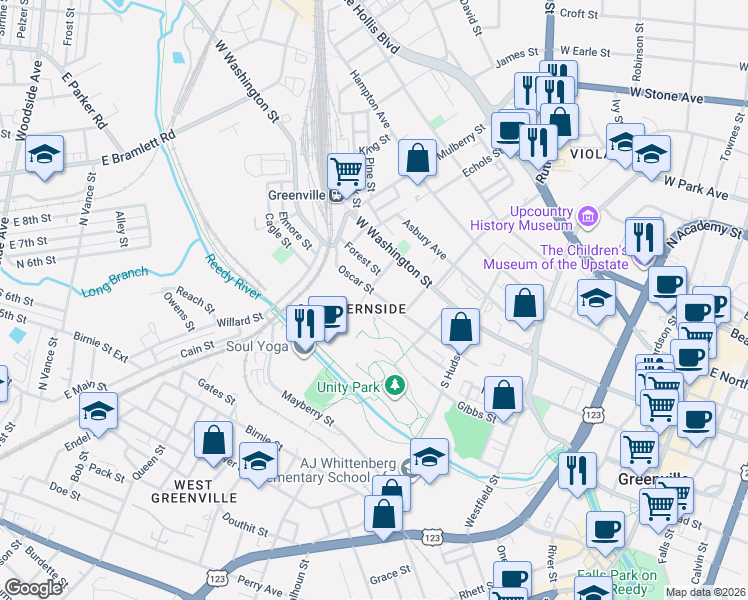 map of restaurants, bars, coffee shops, grocery stores, and more near 101 Trescott Street in Greenville