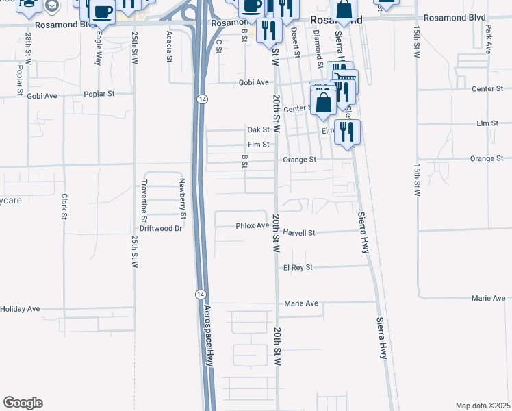 map of restaurants, bars, coffee shops, grocery stores, and more near 2021 Buckwheat Avenue in Rosamond