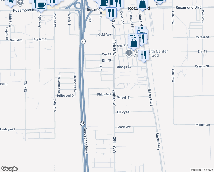 map of restaurants, bars, coffee shops, grocery stores, and more near 2021 Buckwheat Avenue in Rosamond