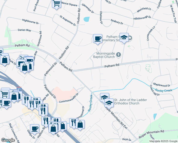 map of restaurants, bars, coffee shops, grocery stores, and more near 915 Pelham Road in Greenville