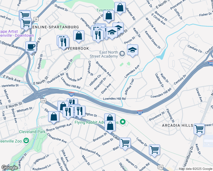 map of restaurants, bars, coffee shops, grocery stores, and more near 213 Briarcliff Drive in Greenville