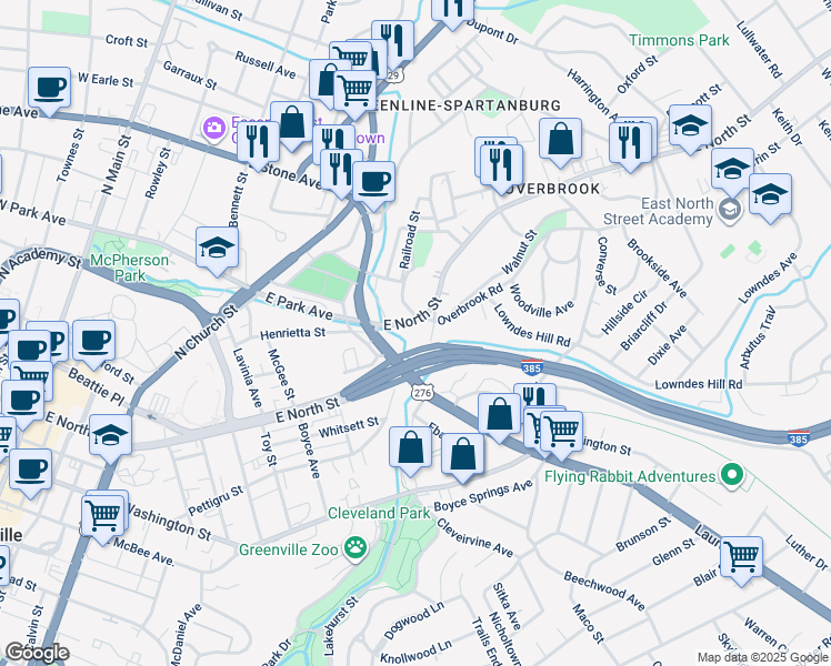 map of restaurants, bars, coffee shops, grocery stores, and more near 20 Overbrook Court in Greenville