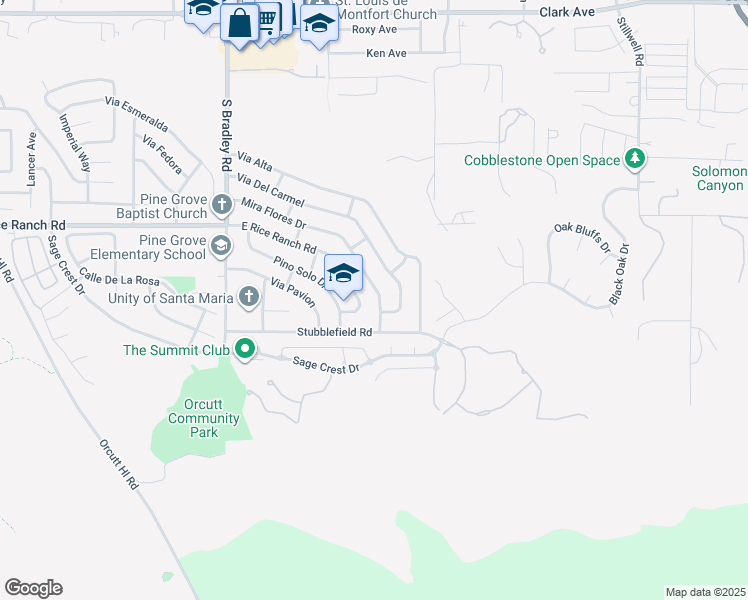 map of restaurants, bars, coffee shops, grocery stores, and more near 1337 Mira Flores Drive in Santa Maria