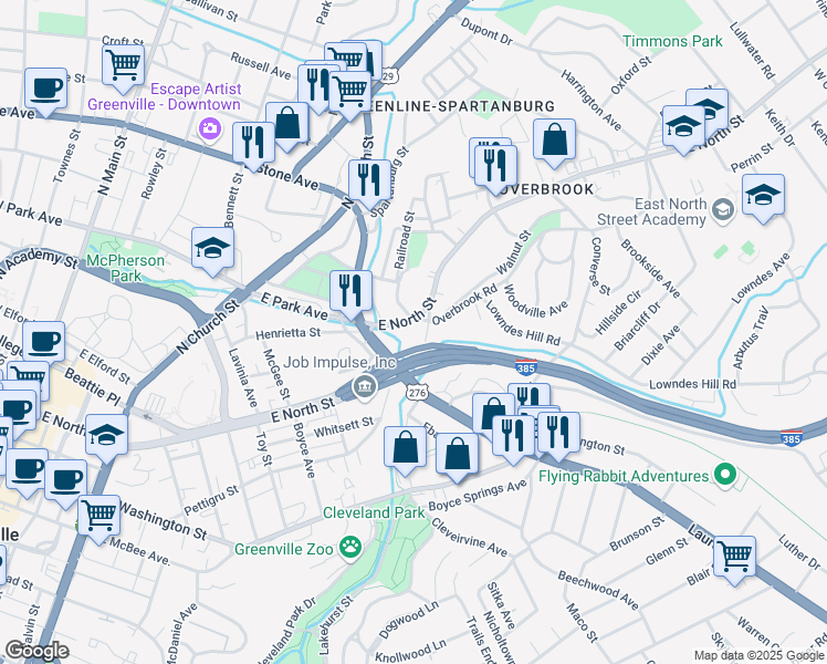 map of restaurants, bars, coffee shops, grocery stores, and more near 20 Overbrook Court in Greenville