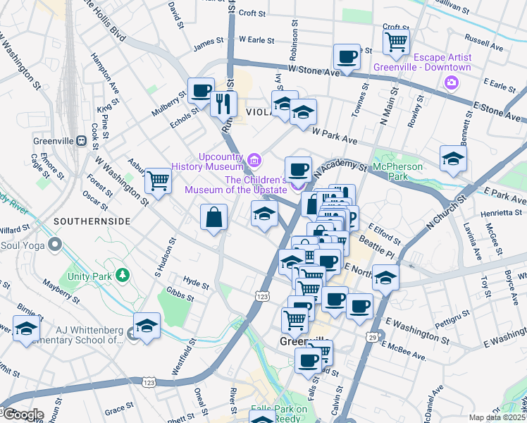 map of restaurants, bars, coffee shops, grocery stores, and more near 455 Buncombe Street in Greenville