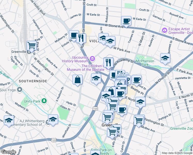 map of restaurants, bars, coffee shops, grocery stores, and more near 455 Buncombe Street in Greenville