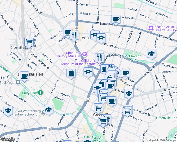 map of restaurants, bars, coffee shops, grocery stores, and more near 455 Buncombe Street in Greenville