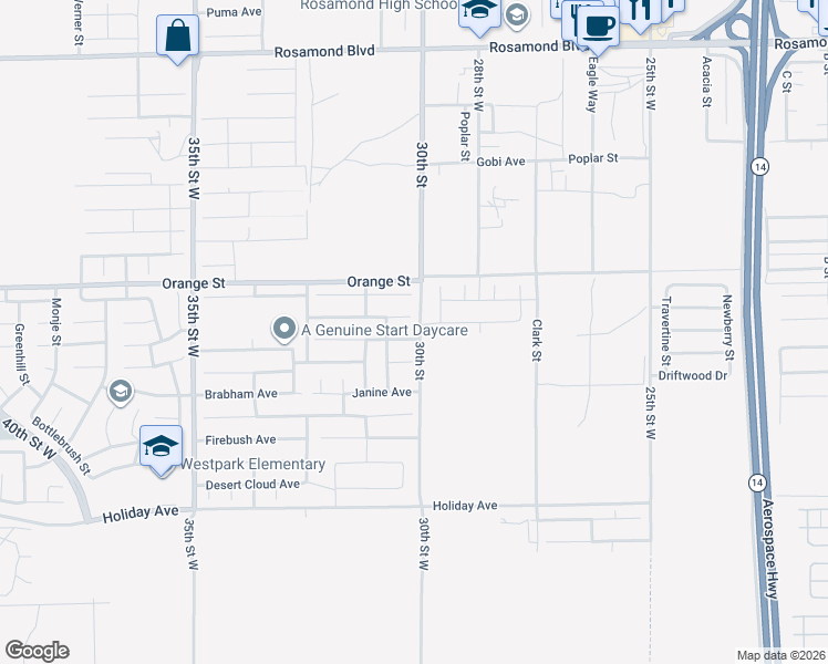 map of restaurants, bars, coffee shops, grocery stores, and more near 3011 Erica Avenue in Rosamond