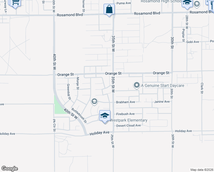 map of restaurants, bars, coffee shops, grocery stores, and more near 3519 Tanglewood Avenue in Rosamond