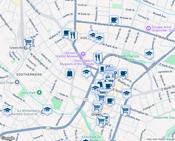 map of restaurants, bars, coffee shops, grocery stores, and more near 455 Buncombe Street in Greenville
