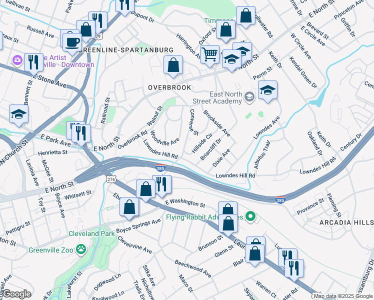 map of restaurants, bars, coffee shops, grocery stores, and more near 123 Woodville Avenue in Greenville