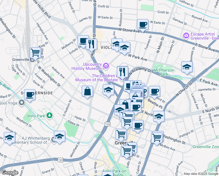 map of restaurants, bars, coffee shops, grocery stores, and more near 455 Buncombe Street in Greenville