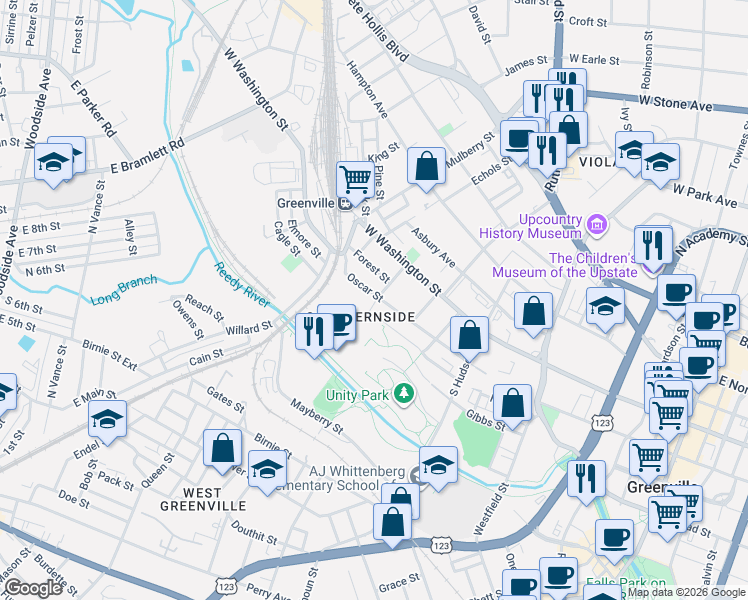 map of restaurants, bars, coffee shops, grocery stores, and more near 509 Oscar Street in Greenville