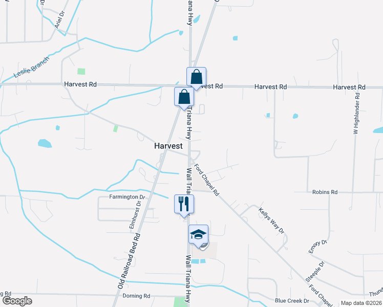 map of restaurants, bars, coffee shops, grocery stores, and more near 9054 Wall Triana Highway in Harvest