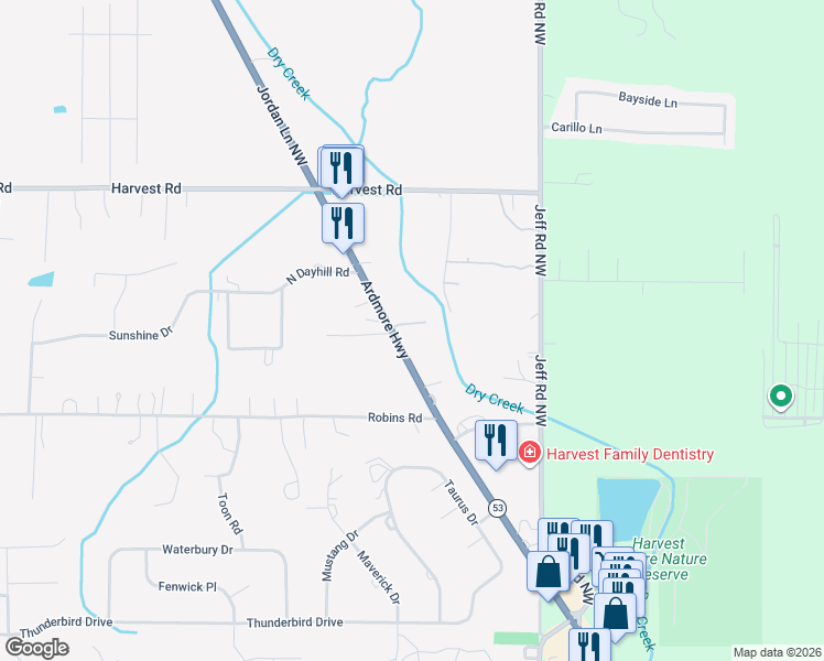 map of restaurants, bars, coffee shops, grocery stores, and more near 186 Molly Lane in Harvest