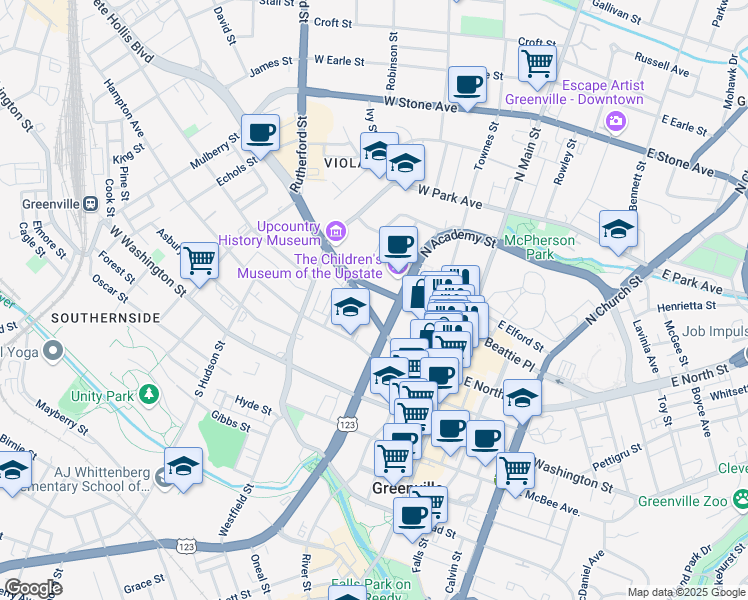 map of restaurants, bars, coffee shops, grocery stores, and more near 300 C Avenue Northeast in Greenville