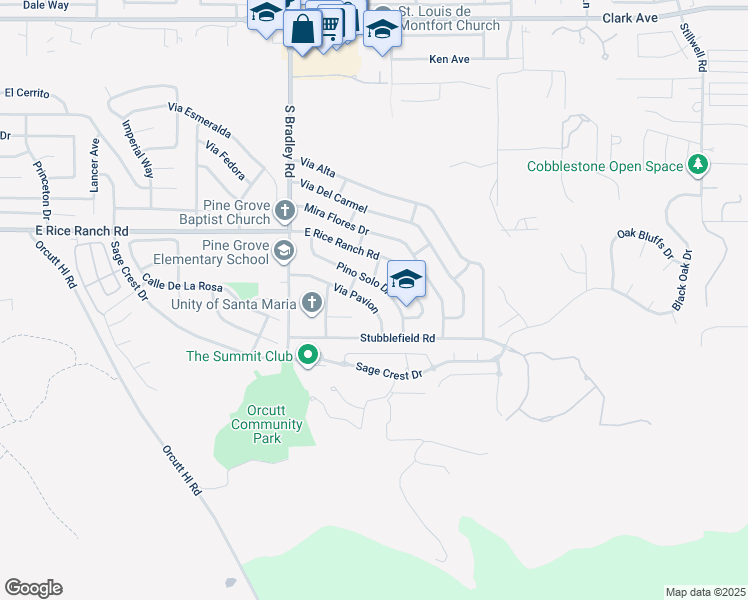 map of restaurants, bars, coffee shops, grocery stores, and more near 1225 Via Pavion in Santa Maria
