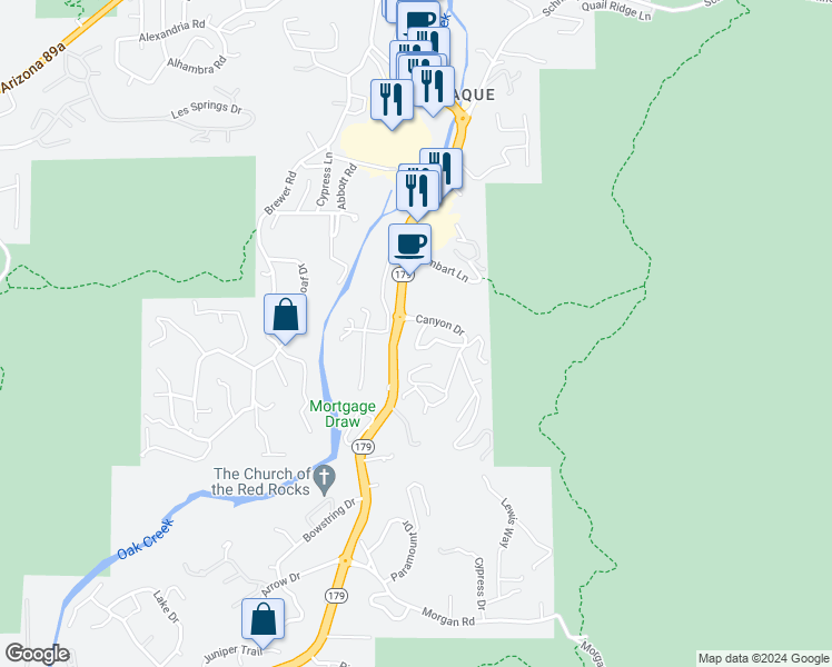 map of restaurants, bars, coffee shops, grocery stores, and more near 15 Canyon Drive in Sedona