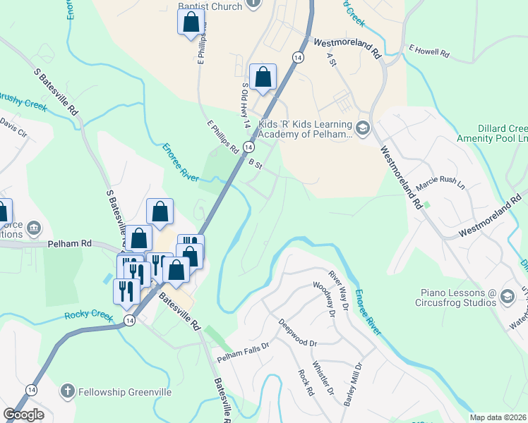 map of restaurants, bars, coffee shops, grocery stores, and more near 171 J Street in Greer