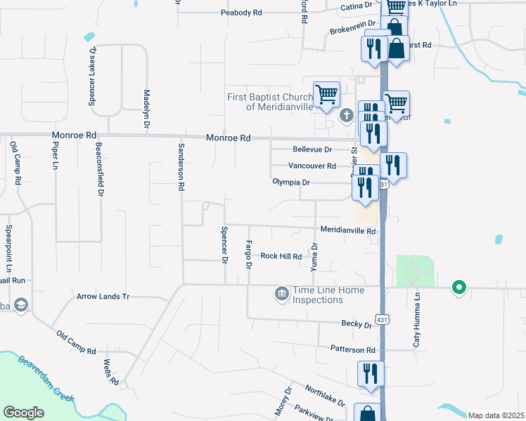 map of restaurants, bars, coffee shops, grocery stores, and more near 172 Ranier Street in Meridianville