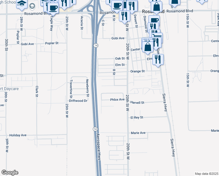 map of restaurants, bars, coffee shops, grocery stores, and more near 2130 Candice Avenue in Rosamond