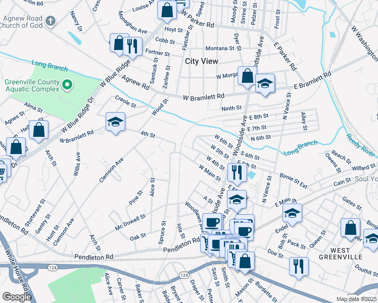 map of restaurants, bars, coffee shops, grocery stores, and more near 46 4th Street in Greenville
