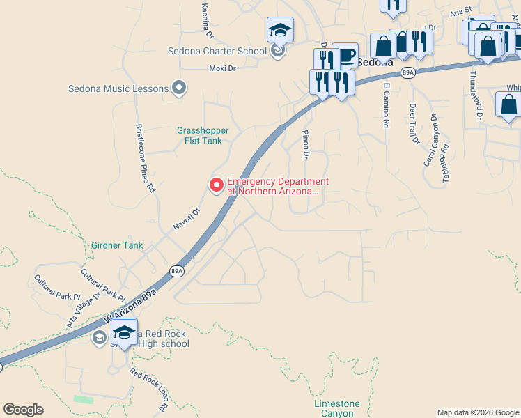 map of restaurants, bars, coffee shops, grocery stores, and more near 45 Calle Del Norte in Sedona