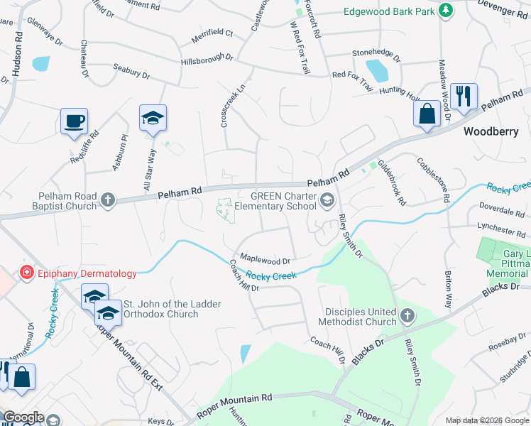 map of restaurants, bars, coffee shops, grocery stores, and more near 5018 Raintree Lane in Greenville