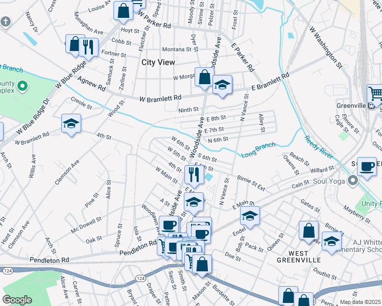 map of restaurants, bars, coffee shops, grocery stores, and more near 15 West 6th Street in Greenville