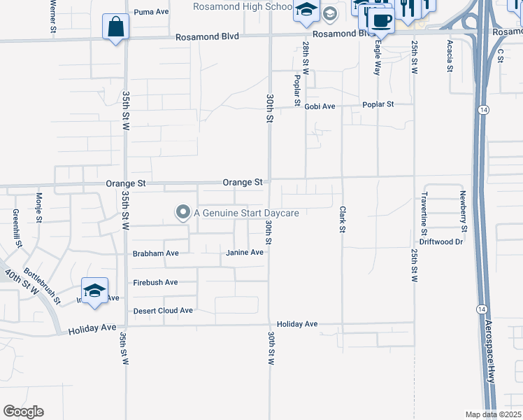 map of restaurants, bars, coffee shops, grocery stores, and more near 3010 Perdot Avenue in Rosamond