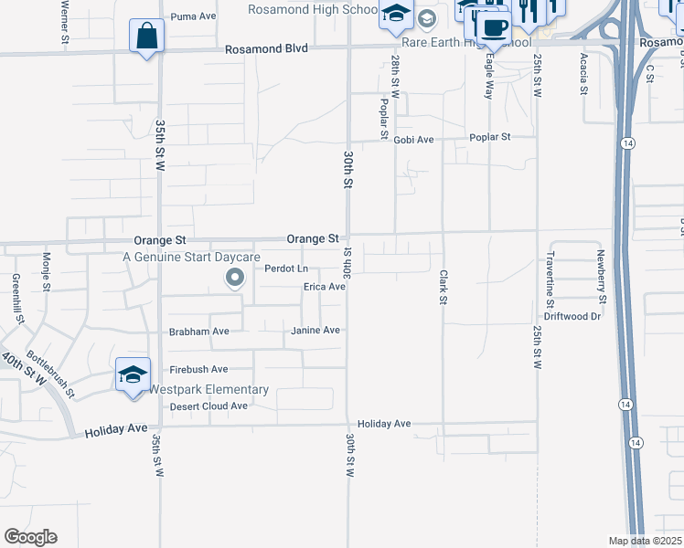 map of restaurants, bars, coffee shops, grocery stores, and more near 3010 Perdot Avenue in Rosamond