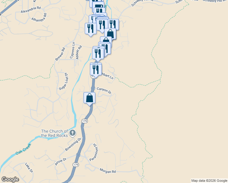 map of restaurants, bars, coffee shops, grocery stores, and more near 40 Pinewood Drive in Sedona