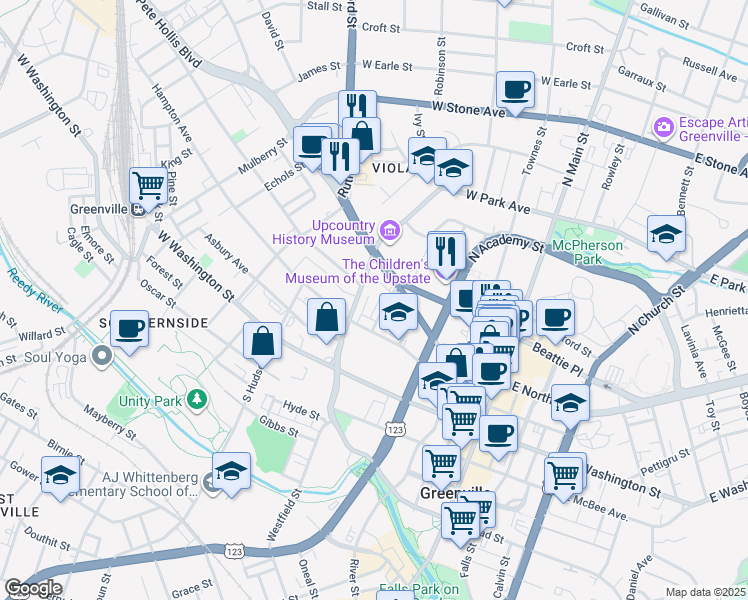 map of restaurants, bars, coffee shops, grocery stores, and more near 224 Butler Avenue in Greenville