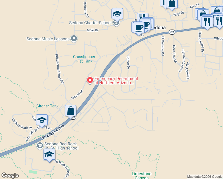 map of restaurants, bars, coffee shops, grocery stores, and more near 45 Calle Del Norte in Sedona