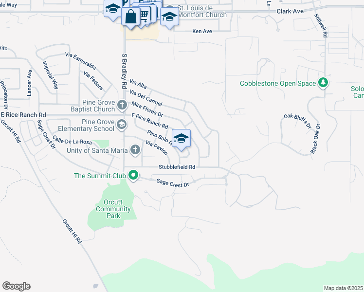map of restaurants, bars, coffee shops, grocery stores, and more near 1312 East Rice Ranch Road in Santa Maria