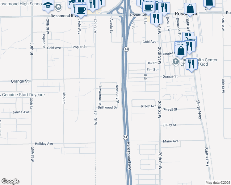 map of restaurants, bars, coffee shops, grocery stores, and more near 2333 Bavarian Drive in Rosamond
