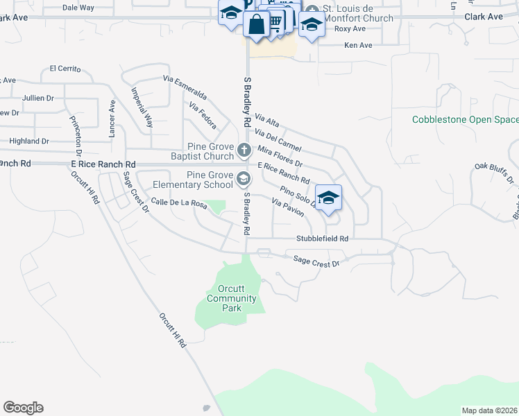 map of restaurants, bars, coffee shops, grocery stores, and more near 5698 South Bradley Road in Santa Maria